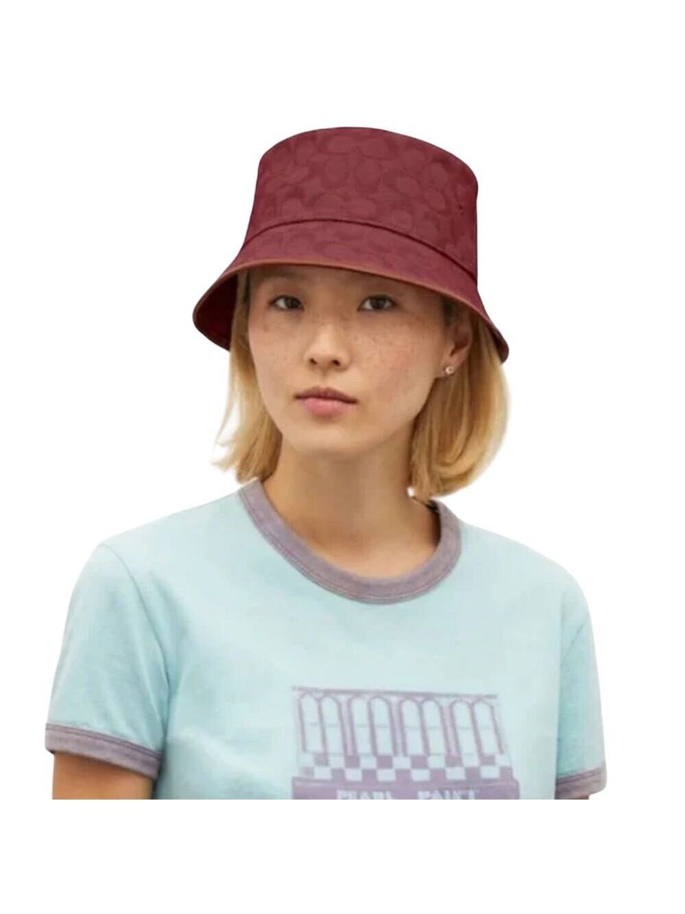 COACH SIGNATURE JACQUARD BUCKET HAT IN COLOR CRIMSON PINK - Picture 2 of 2
